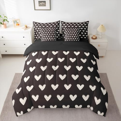 Erosebridal Black White 7 Pcs Comforter Set King Bed in a Bag,Cute Heart Pattern Bedding Set for Kids Boys Girls Valentine Day Quilt Cartoon Love Geometric Duvet Insert Love Heart Flat Fitted Sheet Erosebridal