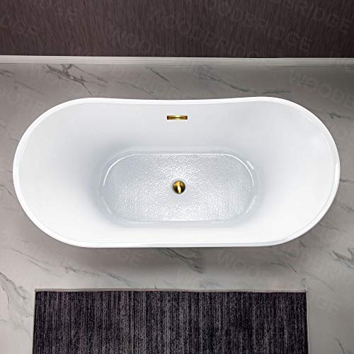 WOODBRIDGE 59" Acrylic Freestanding Bathtub Contemporary Soaking White Tub with Brushed Gold Overflow and Drain,BTA1516-BG-Drain-&O WOODBRIDGE
