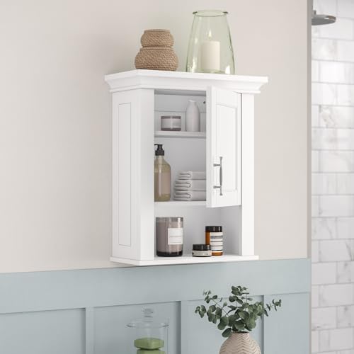 RiverRidge Somerset Single Door Wall Cabinet - Bathroom Medicine Cabinet with Inset Door, Coved Top Shelf, 2 Interior Shelves & Open Display Shelf – Elegant Bathroom Cabinet for Expanded Storage RiverRidge