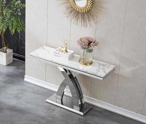 Modern Rectangular Console Table - Faux Marble Top, Stainless Steel Base for Living Room, Hallway, Bedroom, Home Office HomVent