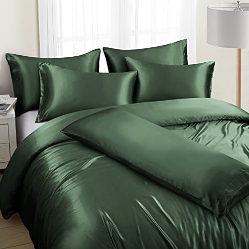 Ersmak 6 Pieces Satin Duvet Cover King Size Luxury Silky Bedding Duvet Cover Set with 1 Soft Duvet Cover, 4 King Pillowcases and 1 Body Pillowcase, Emerald Green Ersmak