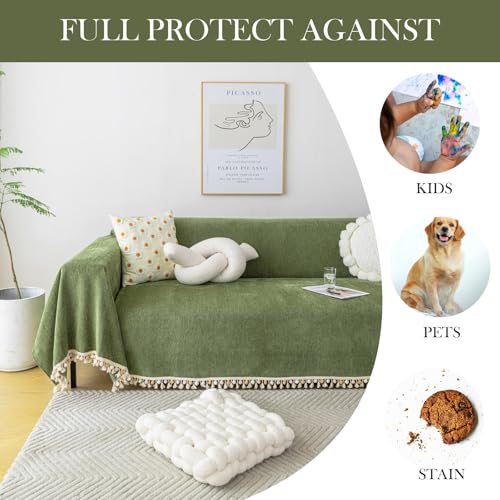 HANDONTIME Green Sofa Cover Vintage Couch Cover for Dogs 71" X118" Couch Cushion Covers with Tassel Herringbone Sofa Cover Boho Sofa Covers for 3 Cushion Couch Chenille Soft Loveseat Sofa Covers HANDONTIME