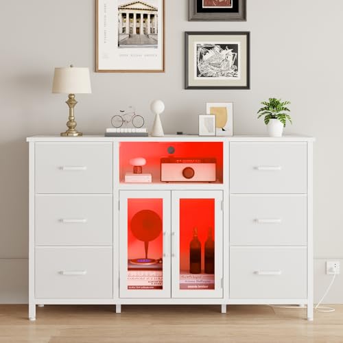 White Dresser for Bedroom Dresser TV Stand with Charging Station for 60" TV 6 Drawer Dresser Entertainment Center with LED Long Fabric Bedroom Dresser Organizer Unit Tall Chest of Drawers for Kids FFBCFDK