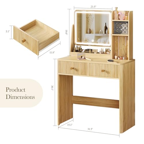 Memobarco Fluted Vanity Desk with Mirror and Lights, Small Makeup Vanity with 2 Drawers and Jewelry Storage Cabinet, 3 Lighting Modes Adjustable Brightness, Dressing Table for Bedroom - Natural Oak Memobarco