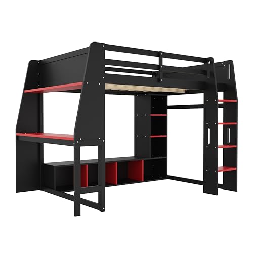 Full Size Gaming Loft Bed with Desk & RGB Light & Open Wardrobe,Wooden Loft Bed Frame with Storage Shelves,Safety Guardrails,Ladder and Under Bed play Space for Teens Adults,No Box Spring Needed,Black Harper & Bright Designs