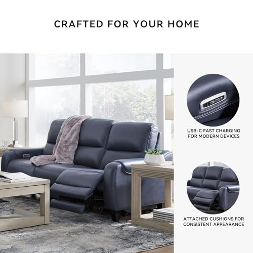 Signature Design by Ashley Mercomatic Contemporary Leather Match Wall Hugger Power Reclining Sofa with Adjustable Headrest and USB Ports, Blue Signature Design by Ashley