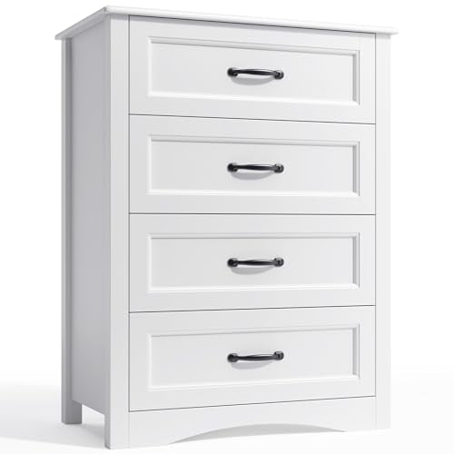 Gizoon Dresser for Bedroom with 4 Drawers Wooden Chest of Drawers for Closet Dresser Storage Unit Organizer for Hallway Living Room and Office, White Gizoon