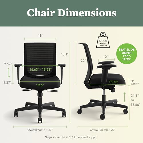 HON Convergence Ergonomic Office Chair, Breathable Back Support Mesh, Adjustable Arms, Computer Chair with Lumbar Support, Rolling Swivel Wheels, Comfortable Synchro-Tilt Recline, Fabric, Black HON