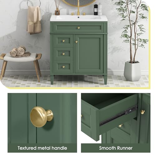 Linique 30" Bathroom Vanity with Sink Combo Set, Solid Wood Frame Modern Bathroom Storage Cabinet with 2 Drawers and a Tip-Out Drawer, Soft Closing Cabinet Door with Organizer, Green Linique