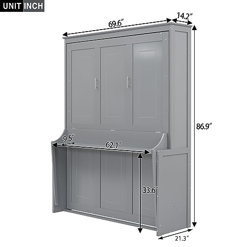 FAVSH Queen Size Murphy Bed with Shelf, Modern Solid Pine Wood Wall Bed, Space-Saving Hidden Bed,Fold-The-Way Bed for Bedroom,No Box Spring Needed,Grey FAVSH