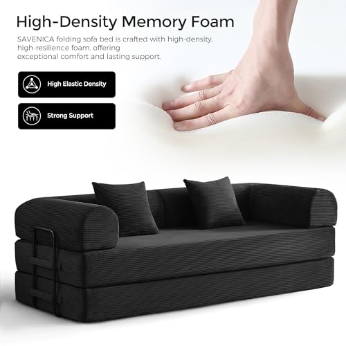 79" Convertible Sofa Bed with Fixed-Shape Frame & Removable Armrests, Modular Corduroy Sleeper Sofa, Folding Mattress Couch for Small Spaces - No Assembly Needed in Black (Includes 2 Pillows) SAVENICA