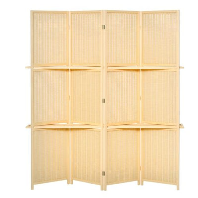 HOMCOM 4-Panel Folding Room Divider, 6 Ft Freestanding Bamboo Privacy Screen Panel with Storage Shelves for Bedroom or Office, Natural Wood Color