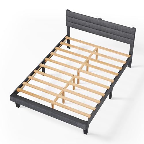 VINGLI Platform Bed Frame Queen Size with Linen Fabric Headboard,Modern Panel Low Profile Bed with Upholstered & Sturdy Slats Support for Bedroom, Mattress Foundation, Dark Gray VINGLI