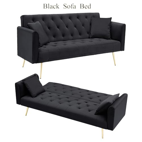 Anwick 72" Modern Velvet Sofa Bed Futon,Convertible Folding Sleeper Bed Couches with 3 Adjustable Backrests,Tufted Recliner Loveseat with Golden Chrome Legs for Small Living Room Office (Black) Anwick