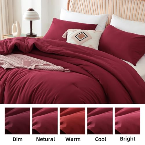 ROSGONIA Full Size Comforter Sets for Girls Boys Kids Dark Red, 3pcs Comforter Full Size (1 Comforter & 2 Pillowcases) Lightweight Dorm Bedding Sets ROSGONIA