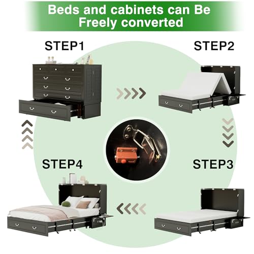 Keloyid Queen Murphy Bed Included Mattress:Wood Murphy Bed Cabinet with USB Charging Station and Large Storage Drawer for Bedrooms/Guest Rooms/Apartments, Black Walnut Color-2 Keloyid