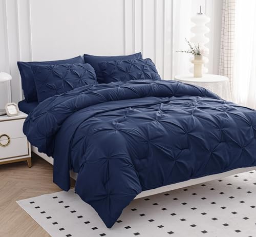 LANE LINEN Queen Comforter - Set of 7 Piece - Pintuck Stitch Design Bedding with 1 Comforter, 1 Flat Sheet, 1 Fitted Sheet, 2 Pillowcases & 2 Shams - Soft, Warm & Cozy Bedding Collection – Navy Blue LANE LINEN