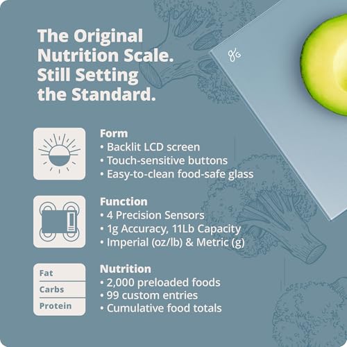 Greater Goods Digital Nutrition Scale โ Accurate Macro and Calorie Tracking for Meal Prep, Weight Loss, and Healthy Eating | 2,000 Built-in Foods, Intuitive Nutrition Label Display, 11lb Cap, Blue