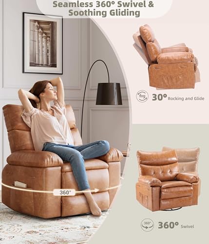 GarveeHome Leather Recliner Chair - Heat and Massage, Swivel Rocker Manual Recliner for Adults, Lazy Rocking Chair with Comfort Arms and Back Single Sofa for Living Room