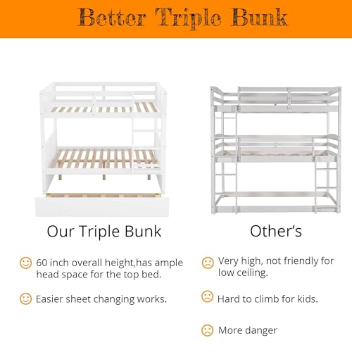 MERITLINE White Full Over Full Bunk Bed with Trundle - Solid Wood Detachable Design for Kids MERITLINE