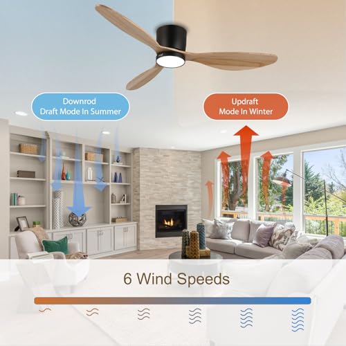 reiga 52" Natural Wood Ceiling Fan with Light and Remote, 3 Blade Flush Mount Low Profile Ceiling Fan for Bedrooom Living Room, Quiet DC Motor reiga