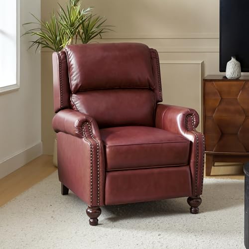 HULALA HOME Genuine Leather Wingback Recliner Chair with Thick Cushioned Seat, Traditional Push Back Leather Recliner with Nailhead Trim, Burgundy