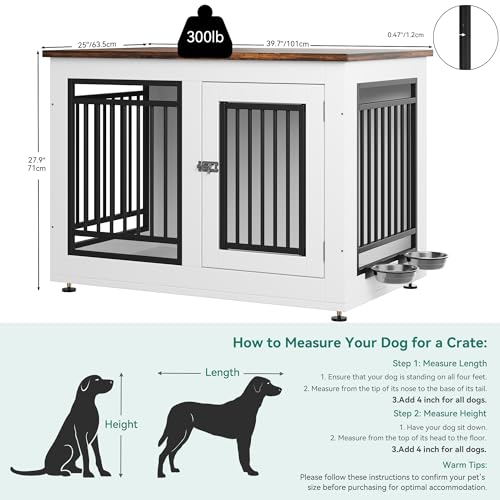 YITAHOME 39" Dog Crate Furniture, Wooden Side End Table with Adjustable Feet and Removable Bowls, Dog Kennel Indoor for Medium Large Dogs YITAHOME
