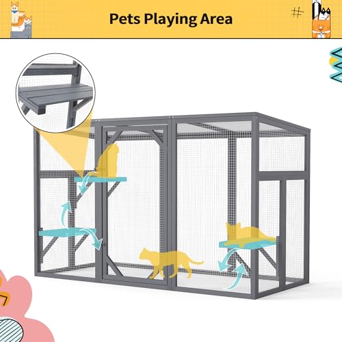 Outdoor Cat Catio House, Wooden Cat Habits with 3 Platforms, Lockable Doors, Top PC Sun Roof, Patio Yard Window Enclosures, Weatherproof, Gray Nyeekoy