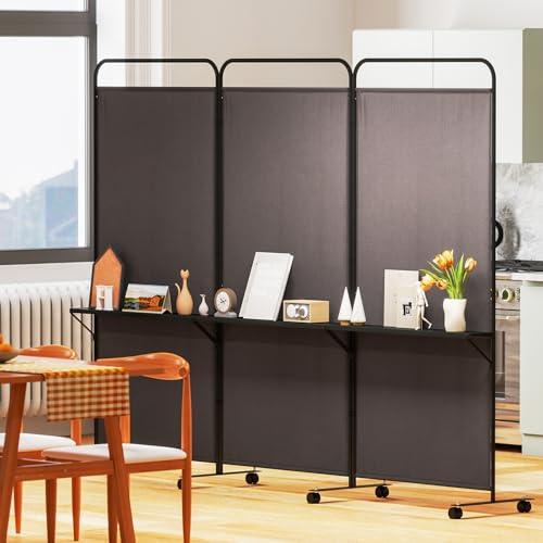 Giantex 3 Panel Room Divider with Wheels and Shelves, 103" W x 74" H Folding Privacy Screen, Rolling Partition Separator for Home Office Studio, Fabric Wall Divider for Room Separation (Brown) Giantex