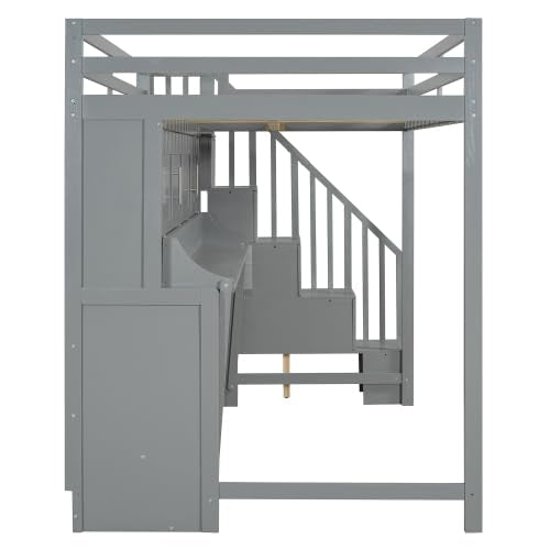 Full Murphy Bunk Bed with Desk and Hydraulic Lift, Full Over Full Size Murphy Bed with Storage Stairs, Grey Bellemave
