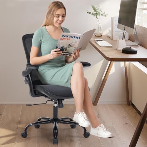Office Chair, Ergonomic Desk Chair with Adjustable Lumbar Support, Comfy Breathable Mesh Chair with Wheels and Flip-Up Armrests, Executive Chairs for Home Office Comfortable Chair with Rolling Swivel SOERGO