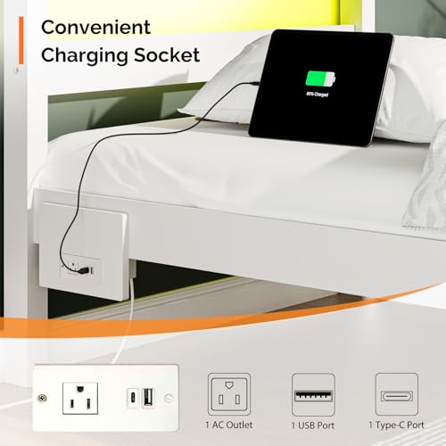 VINGLI Solid Wood Twin Bed Frame with LED Lights & USB Charging, Platform Bed with Storage Headboard Shelf, No Box Spring Needed, Noise-Free, Easy Assembly,White VINGLI