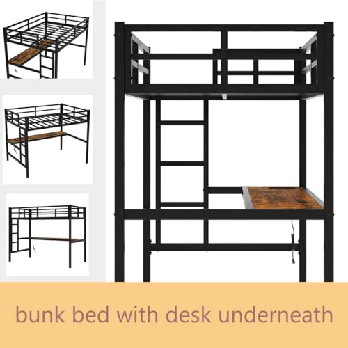 Anwick Metal Loft Bed with Stairs,Bunk Bed with Desk and Guardrail for Kids Boys Girls,Loft Bed Frame with Charging Outlet & LED Lights,Noise-Free, Black (Twin XL) Anwick