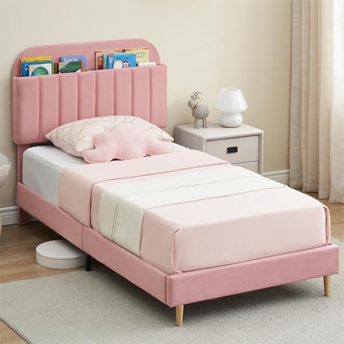 IDEALHOUSE Twin Bed Frames, Upholstered Platform Bed Frame with Bookcase Headboard, Velvet Platform Bed Mattress Foundation, Heavy Duty Steel Support Legs, Easy Assembly, Noise Free, Light Pink IDEALHOUSE