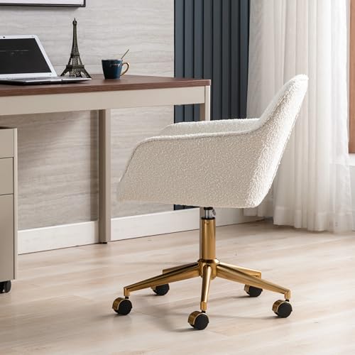 Zesthouse Modern Desk Chair with Wheels, White Swivel Vanity Chair for Girls Women, Upholstered Home Office Chair Boucle Armchair for Bedroom, Height Adjustable Computer Task Chair, Gold Base Zesthouse