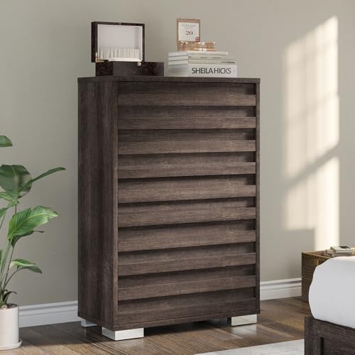 AMERLIFE 5 Chest of Drawers for Bedroom, 47" Tall Drawers Dresser with Tilt Handle, Farmhouse Wooden Dresser for Bedroom, Living Room, Hallway, Grey AMERLIFE