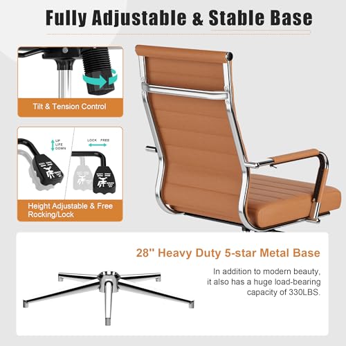Okeysen Office Desk Chair, Ergonomic Leather Modern Conference Room Chairs, Executive Ribbed Height Adjustable Swivel Rolling Chair for Home Office. (Brown) Lepdep