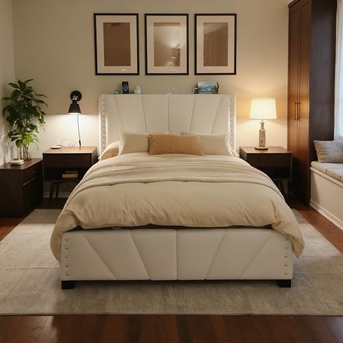 EnHomee Full Size Bed Frame, Velvet Bed Frame with Headboard and Led Light, Platform Bed Frame for Bedroom Apartment, Dorm, Noise-Free, Easy Assembly, Beige EnHomee