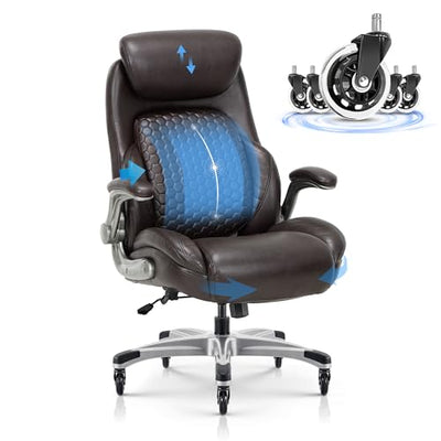 COLAMY Office Ergonomic Desk High Back Executive Chair with Pop-Out Lumbar Support, Upgraded Casters, Adjustable Headrest, Flip-Up Arms, Leather Home with Thick Cushion for Comfort - Brown