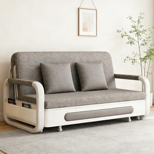 Horseo Pull-Out Sofa Daybed, Foldable Convertible Couch Bed with Hidden Compartment, Solid Wood and Sturdy Metal Frame & Easy Assembly, for Living Room, Guest Room (Light Grey, 50.4"-Standard) Horseo