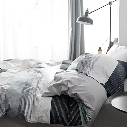VM VOUGEMARKET Striped Bedding Duvet Cover Set King,3 Pieces Gray Blue Duvet Cover Sets,100% Cotton Modern Simple Comforter Cover with Zipper-King,Martin VM VOUGEMARKET