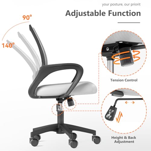 OS MOTOR Home Office Chair, Ergonomic Mid-Back Mesh Desk Chair with Lumbar Support, Adjustable Swivel Rolling Design, Comfy Armrest for Work, Study, Gaming, Vanity (White, Single Chair) OS MOTOR