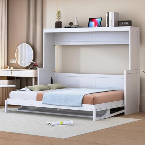 Full Horizontal Murphy Bed with Desk,Solid Wood Folding Hideaway Murphy Wall Bed for Adult,Guest Room (White) MERITLINE