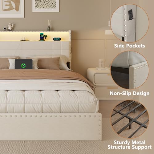 Forestell Queen Bed Frame with 4 Drawers and Storage Headboard, Upholstered Platform Bed Frame Queen Size with LED Lights and Charging Station, Metal Slats Support, No Box Spring Needed, Beige Forestell
