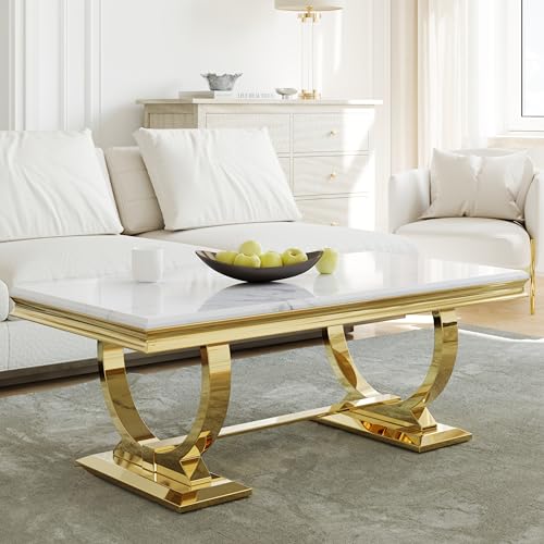 Asday Gold and White Coffee Table, Rectangle Gold Marble Coffee Table, Luxury Elegant Center Table for Living Room, Guest Hall, Reception Room Asday