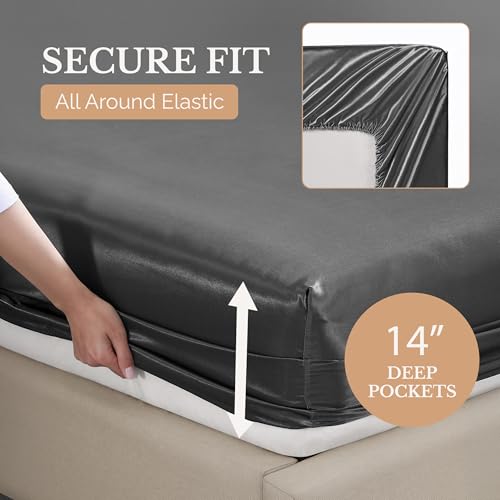 Casa Platino Satin Twin Sheets - Silky Soft Twin Sheet Set with 15 Inch Deep Pocket Fitted Sheet, Luxurious Feel, Silky Smooth,Makes for a Great Nights Sleep, Stylish Finish - Dark Gray Casa Platino