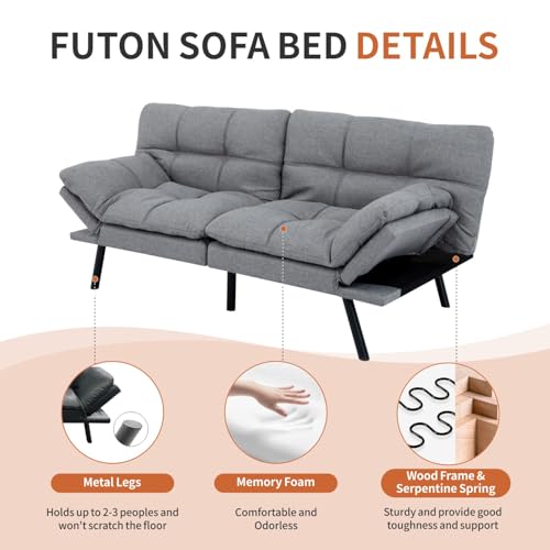 MUUEGM Futon Sofa Bed,Memory Foam Futon Convertible Couch Bed, Sofa Bed Couch,Modern Loveseat Sofa,Sleeper Couch for Small Space,Apartment, Living Room,Adjustable Backrests Armrests,Light Grey MUUEGM