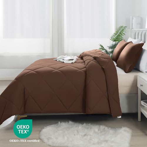 SUVAMJAM 3-Piece Queen Comforter Set,All-Season,Soft & Hypoallergenic &Breathable Bedding,Polyester Quilted,Down Alternative(Comforter*1 & Pillowcases*2),Chocolate SUVAMJAM