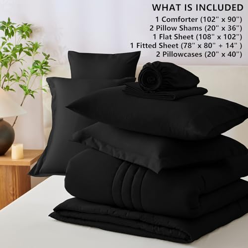 CozyLux King Size Comforter Sets - 7 Piece Bed in a Bag Black Comforter Set with Sheets Luxury Bed Set All Seasons, Soft Bedding Set with Down Alternative Comforter, Sheets, Pillowcases & Shams CozyLux