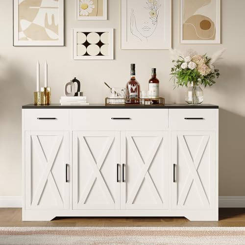 Garvee 55 in Large Buffet Sideboard Cabinet with Storage 4 Doors and 3 Drawers Kitchen Storage Cabinet Coffee Bar Buffet Table for Dining Room, Living Room, Adjustable Shelf Garvee